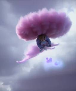 Ultra realistic clouds sky scene, wide angle, sweet childs. color smoke fog, free jumping flying, trinkets, monster hair, hair monster, jelly beans, balls, smile, happy, circus style, inflatable color clothing, extreme, wind, clouds sea, 20,000 feet altitude, stratosphere, soft color, highly detailed, unreal engine 5, ray tracing, RTX, lumen lighting, ultra detail, volumetric lighting, 3d, finely drawn, high definition, high resolution.