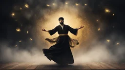 Hyper Realistic Sufi Whirling with black & Golden Islamic Sufi Rustic Grungy Background with heavy fog & fireflies at dark night