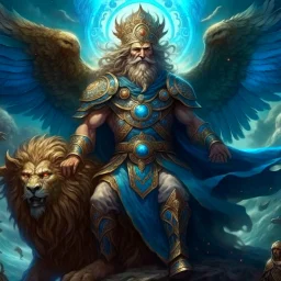 A god-like man with infinite power who holds the galaxies and wears a beautiful crown, a jewel made of diamonds and galaxies with weapons, riding on a lion with an eagle's head and eagle's wings.