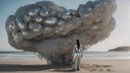 Wide-angle shot of a woman, standing to one side, with dark hair in a silver robotic catsuit, standing on a beach, flying mushrooms with jellyfish tentacles floating above her