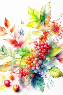 watercolor, photorealism, realistic flowers, leaves and berries, sunny, gloss, white background, pixel art, high detail, delicate sensuality, realistic, high quality, artwork, glitter, hyperdetalization, professional, filigree, transparent, delicate pastel tones, backlight, high detail, gradient texture