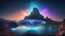 Ethereal holographic self iluminated hyper futuristic flat mothership over Es Vedra in a starry night