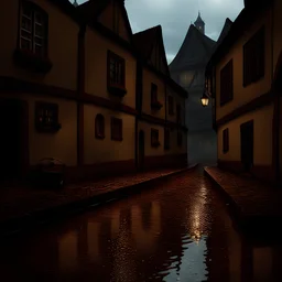 A realistic Pixar-style image of a cobbled street in a medieval European town on a rainy day. Large, shiny raindrops are seen falling from above downwards, drawing diagonal lines in their path. They seem to hit the water that has accumulated on the pavement and create expansion rings. In the foreground of the picture a cart with straw is standing next to a wrought iron lamppost. In the background the bell tower of the cathedral rises above the roofs of the houses. Photorealistic lighting and tex