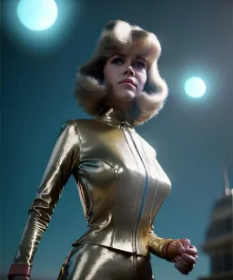 Ultra Realistic retro sci-fi image from 1960, many people looking to sweet young woman Jane Fonda, dress with tight latex coat and retro glass helmet, Retro sci-fi style, soft color, highly detailed, unreal engine 5, ray tracing, RTX, lumen lighting, ultra detail, volumetric lighting, 3d, finely drawn, high definition, high resolution.