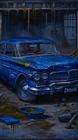 Bosch painting style nightmare , an old abandoned 1960 a dark blue show the full view of Ford car