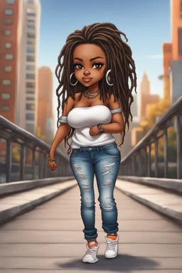 Create a airbrush a chibi cartoon of a curvy black female with long ombre dread locs in her hair. She is wearing high profile sneakers with tight white cut up jeans and an orange off the shoulder blouse. Prominent make up with brown eyes. Her hair is highly detailed and shiny. Background of her walking on a sidewalk on a bridge.