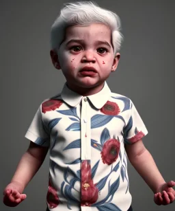 Pedro almodovar toddler, full body, white hair, floral shirt, dramatic lighting, hyper realistic