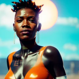 A beautiful portrait of a cyberpunk cyborg black tribal woman with lot's of grain on her skin and big tribal tatoos all over the skin, with natural hair floating in the wind cyborg smiling facing camera orange color scheme, high key lighting, volumetric light high details with white stripes and feathers unreal 5, octane render, cinema4d, dynamic lighting, dramatic lighting, 4k, redshift render, highly detailed, hyper realistic