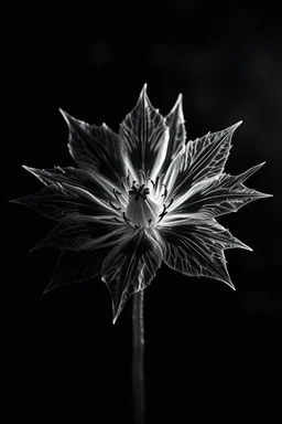 Realistic x-ray flower, slant angle, tilt art bokeh, dark shadowy scene. flower of death , sharp jagged petals surround the center. metaphorical, fantasy artwith intricate details, texturized effect, black and white, inspired by Hugh Turvey, Bert Myers and flower photography, enhanced with dramatic lighting