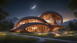 inspiring interwoven wooden ultra-modern building based on parabola shapes, sine curves and helix shapes, featuring large windows, rural location, night, moonlight, fireflies, distant mountains, lake, astonishing architecture, beautiful, wow, extremely detailed, photographic quality, beautiful composition, Ultra Realism, Complex intricate Details, 16k, HDR, High Quality, Sharp Focus, Studio Photo, attractive, innovative