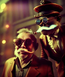 steampunk, cabaret scene. old man. little monkey, Sunglasses, rain, smoking, happy, hot. people background, highly detailed, concept art, unreal engine 5, god rays, ray tracing, RTX, lumen lighting, ultra detail, volumetric lighting, 3d, finely drawn, high definition, high resolution.