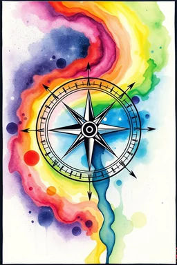 cosmic consciousness redirecting your compass; ink wash; cosmic rainbow palette