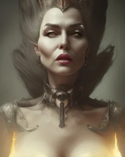 old evil queen in black leather gown, femme fatale, volouptous, busty, cleavage, angry, emperious, 8k resolution concept art portrait by Greg Rutkowski,