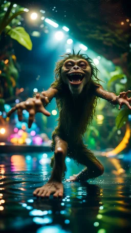 selfie by pimp rocker alien big foot gremlin diving in water slide in the middle of crazy dance moves dancing in dark lit reflective wet jungle hall tunnel,bokeh like f/0.8, tilt-shift lens 8k, high detail, smooth render, down-light, unreal engine, prize winning