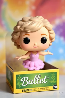 Funko Pop, very young female, short soft curly hair, pink ballerina dress, dance pose, smiling, very happy, colorful background, The Funko is displayed inside and outside a limited edition green and yellow Funko box with Ballet text, allowing visibility of the figure, typography, 3D render.