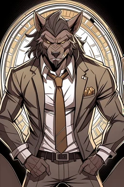 Buff, anthro, wolf, himbo, black fur, gold eyes, wearing a suit, full-body, muscles, strong, muscular, man boobs, bulky, tail, dark fur, smug grin, hands on hips,