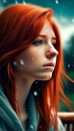 beautiful girl with red hair dreaming of a love world with rain effect