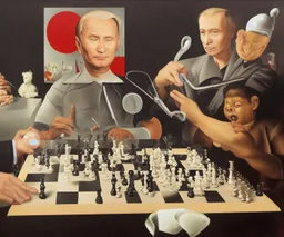 Complex Surgical Instruments,Putin, President Xi Of China And Joe Biden Play Chess with a Newborn Boy,black background,surrealism,Painting By Adrian Ghenie,Michelangelo,Rene Magritte,Lucian Freud,Salvador Dali,Pablo Picasso