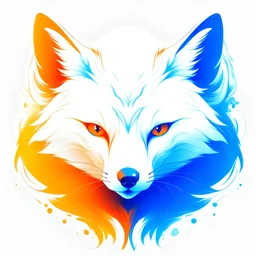 un zorro blanco con colores naranja y celeste, que el ojo izquierdo del zorro sea celeste y el ojo derecho de color naranja, que el fondo también cuente con estos mismos colores en forma de llamas