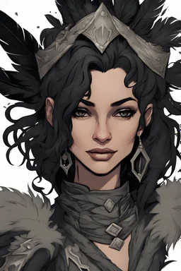smiling woman in fantasy ranger clothing with feathers stuck in black messy hair , d&d character art, curse of strahd