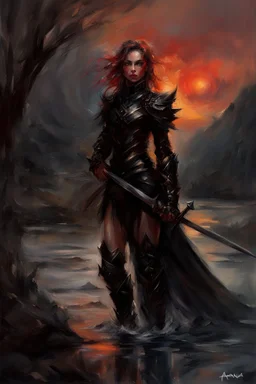 A formidable warrior girl in black armor, on the background Amazing gloomy landscape, flooded with sunset, mountains, trees, fabulous scary hero, , juicy emotions, painting, dark fantasy, gloomy day, dark world, portrait, by Anna Razumovskaya