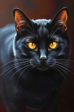 prompt: A painting that pays homage to the elegance and animal grace of a common black house cat, but also to its stealth and quickness as a dangerous predator, as demonstrated in its presence and seen in its eyes. golden intense eyes, shiny black fur