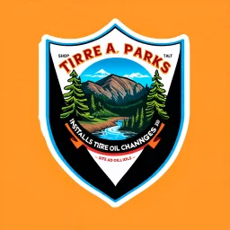 logo for a shop that installs tires and does oil changes, inside a shield shape, in the style of national parks stickers