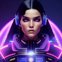 Rosalía, Cyborg anime warrior, cyberpunk, light black hair, pixie hairstyle, cobalt eyes, waist up portrait, 8k resolution, retroanime, intricate details, neon details, soft lighting, vibrant colors, masterpiece, intricate eyeliner, dark eyeshadow, eyes, intricate tattoos, gradient background