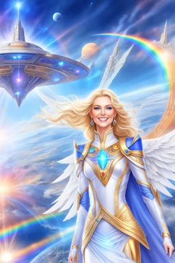 cosmic woman angels smile,admiral high commander from the future, one fine whole face, crystalline skin, expressive blue eyes,rainbow, smiling lips, very nice smile, costume rainbow pleiadian, Beautiful tall woman pleiadian Galactic commander, ship, perfect datailed golden galactic suit, high rank, long blond hair, hand whit five perfect detailed finger, amazing big blue eyes, smilling mouth, high drfinition lips, cosmic happiness, bright colors rainbow, blue, pink, gold, jewels, realist,8k