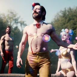 Ultra realistic circus scene. dancer man, waist up view, Wes Anderson style, happy, bubbles, butterflys, dark ambient, highly detailed, concept art, unreal engine 5, god rays, ray tracing, RTX, lumen lighting, ultra detail, volumetric lighting, 3d, finely drawn, high definition, high resolution.