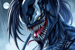 Machine venom in 8k realistic anime drawing style, yasuo costume, moon, rain, highly detailed, high details, detailed portrait, masterpiece,ultra detailed, ultra quality