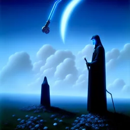 The Grim Reaper in Tron world, discussing the future of the universe, art by Magritte and Pixar