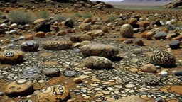 A brown rocky plain with stones designed in African masks painted by Jackson Pollock