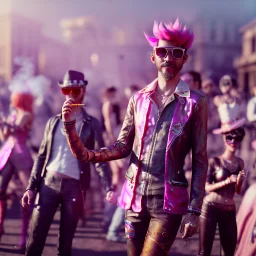 Ultra Realistic photo, medium shot view, drunken dancer women, carnival scene, steampunk. Pink hair, confeti, Sunglasses, smoking, happy, festival, red fog. highly detailed, concept art, unreal engine 5, ray tracing, RTX, lumen lighting, ultra detail, volumetric lighting, 3d, finely drawn, high definition, high resolution.