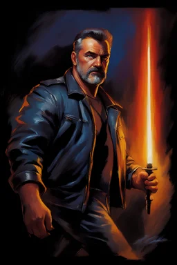 58-year-old man with crew-cut dark brown hair tapered on the sides, gray goatee, blue eyes, overweight, wearing a leather jacket - pitch black background with an overhead spotlight effect, extremely colorful, oil painting by frank frazetta