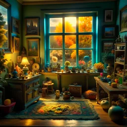 Diorama of old stuff in a room, sharp focus, 8k, 3d, very detailed, volumetric light, grim, fine art, very colorful, ornate, 35mm, F/2.8, insanely detailed and intricate, hypermaximalist, super detailed, decadent, landscape outside a window, fake