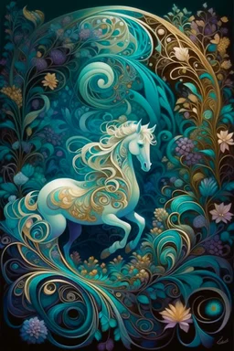 A surreal forest filled with delicate patterns and pearly glow Fantasy. Surrealism. Two wave spirals are intertwined against the background of the forest - satin emerald floral and purple - blue diamond. Delicate patterns and graceful curves fill the space. An opal Arabian steed with a magnificent mane stands in the center of the painting. Gold filigree complements the composition. A gentle glow emanates from pearls and rosehip buds, creating an atmosphere of mystery and mystery. Detailing and p