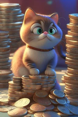 cute pixar cat and money and coins