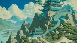 A cyan palace on a peak with a dragon guarding it painted by Katsushika Hokusai