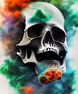 realistic skull. watercolor and ink. black background. smoke and explode. particles in air. teal and orange