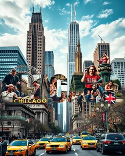 Prompt : A striking high-contrast, cinematic photo-style vertical collage that captures the essence of the City. Each letter of "CHICAGO" is represented by a dynamic and vibrant scene, with different iconic landmarks and moments in time. Grand buildings and Parks dominate the background, while smaller scenes such as bustling street life, yellow taxis, and people performing various activities fill the foreground. The overall mood is energetic and lively, with an emphasis on the vibrant spirit of