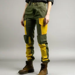 Women model wearing cargo jeans with patch with twill armor jellow and green