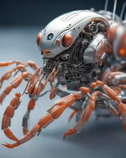 futuristic AI shrimp robot with high detail, very zoomed and high focus, highly intricate, and very neat features