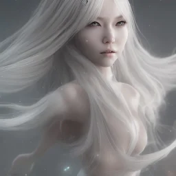 hitomi tanaka, dress white, long black hair, realistic, intriacte detail, sci-fi fantasy style, volumetric lighting, particales,highly detailed,cinamatic, deep colours,8k