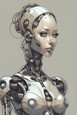 Draw me a cyborg robot in the form of a beautiful, grown woman.