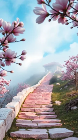 foreground path of a stair to the top of beautiful house on the hill pink glossy stone pastel, pink stones shades, magnolia branches, blurred background, fantasy world in pastel in light pink tones, beautiful clouds and minimalism fog