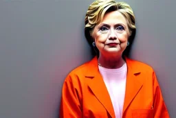 beautiful hires photo of crooked hillary clinton wearing an orange jumpsuit, sitting in a maximum security prison cell, where she is rotting until the end of time, art by official jail mugshot photograph