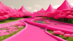 A pink swamp near a highway designed in Japanese origami painted by Guo Xi
