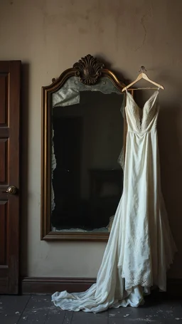 An old dusty wedding dress hanging on the wall in front of broken big mirror on the wall of an abandoned room , Bosch painting style, sad and tragic and dark scenes