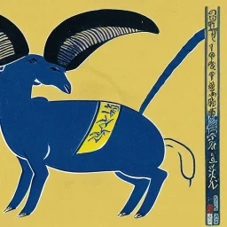 Ukiyo-e style illustration of blue and yellow Bighorn Ram holding a football